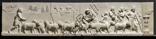 Neoclassical sculpture frieze by Thorvaldsen depicting Alexander the Great entering Babylon, detail with shepherd and flock