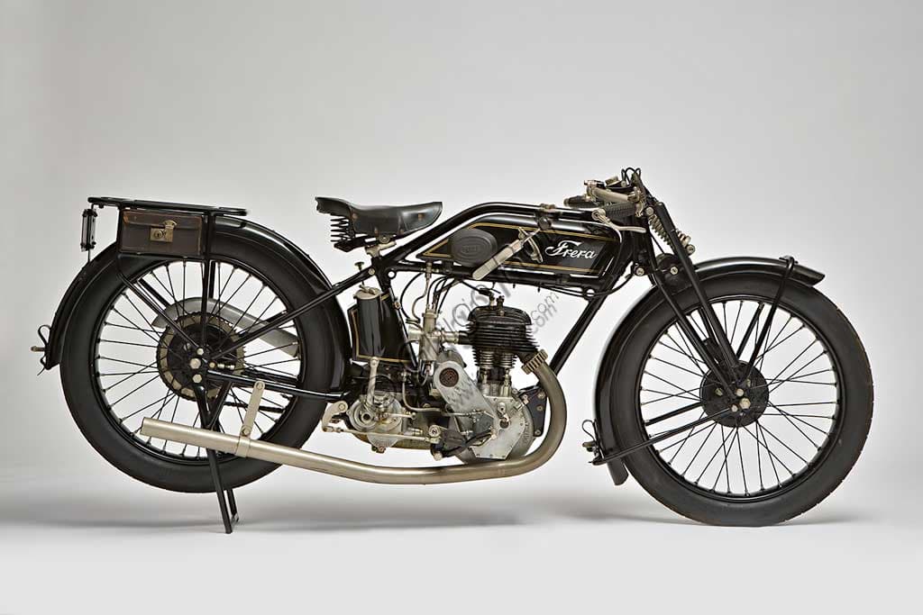 Frera SK 350 1928 Italian vintage motorcycle in restored condition, side view showing the single-cylinder engine and frame