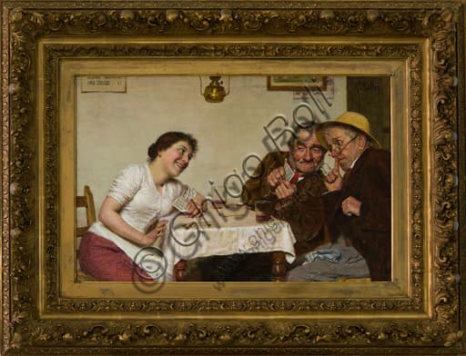 Painting Card Game by Gaetano Bellei, oil on canvas 43x65 cm, genre scene