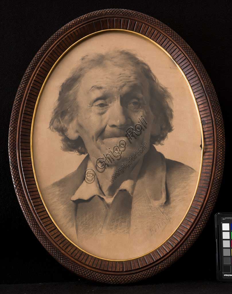 Oval portrait pencil drawing by Gaetano Bellei, detail of graphite work on paper