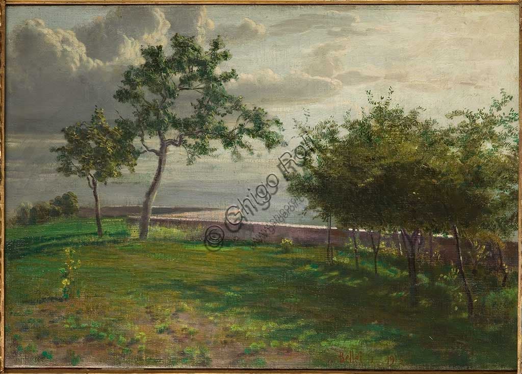 Painting 'View with Trees and a Small Wall' (1913), oil on canvas by Italian painter Gaetano Bellei