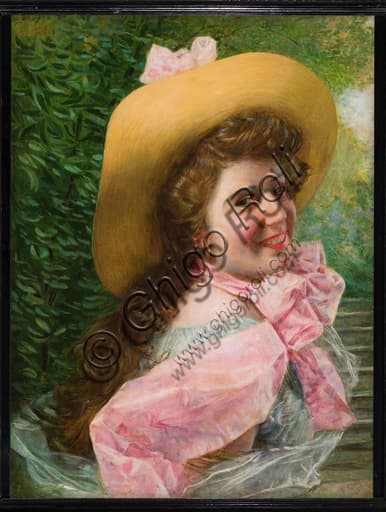 Dipinto Volto di ragazza di Gaetano Bellei, particolare olio su tela