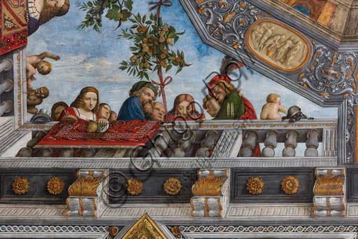 Detail of Garofalo's fresco: young gentlewomen, child with monkey on leash and vine shoots in the Hall of the Treasure, Ferrara