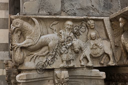 Sculptural detail capital Flight into Egypt Winged Griffin, St. Gotthard doorway, Genoa Cathedral