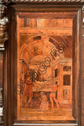 Detail of The Beheading of Saint John the Baptist, wood intarsia by Zambelli, Genoa Cathedral