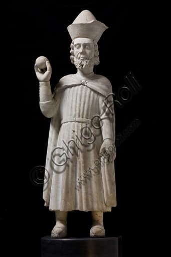 Standing male figure white marble sculpture by Master of Giano, Museum of St. Augustine, Genoa