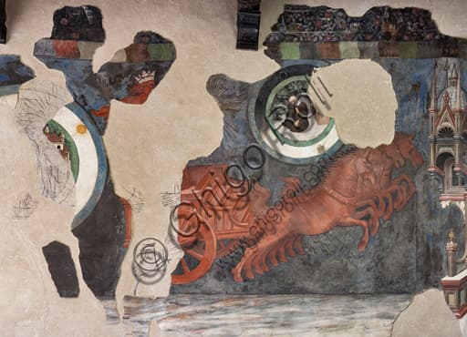 Fresco of the Chariot of the Sun pulled by horses, detail with the allegorical figure of Decrepitude, Trinci Palace Foligno.