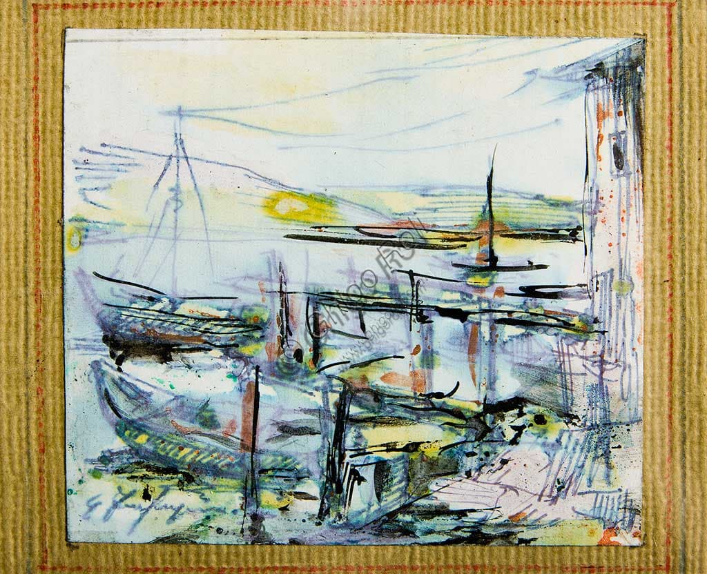 Disegno a china e acquarello 'Barche' di Ghigo Zanfrognini, cm 8x9, Collezione Assicoop-Unipol