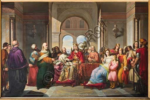 Painting by Giacomo Conti: Frederick II, Holy Roman Emperor, receives a book by Aristotle from the scholar Michael Scot, Palace of the Normans, Palermo