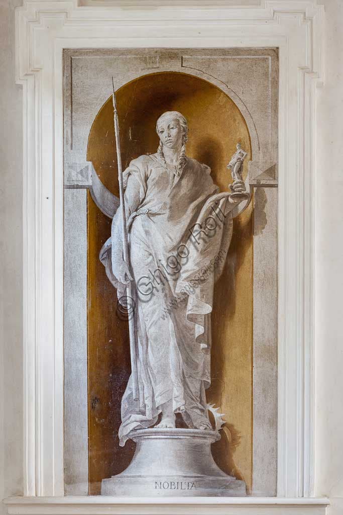 Detail of The Nobility monochrome fresco by Giambattista Tiepolo, depicting an allegorical female figure holding a statue of Minerva, 1734.