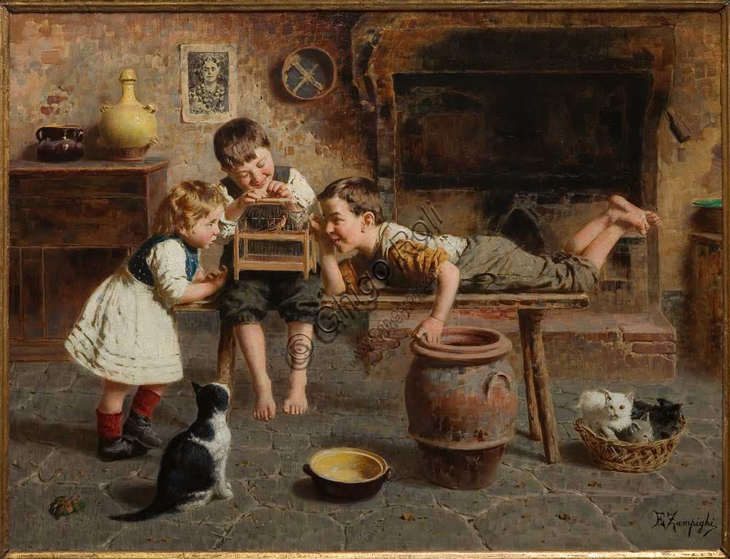 Oil on canvas painting 'Children's Games' by Italian painter Eugenio Zampighi, Assicoop Collection