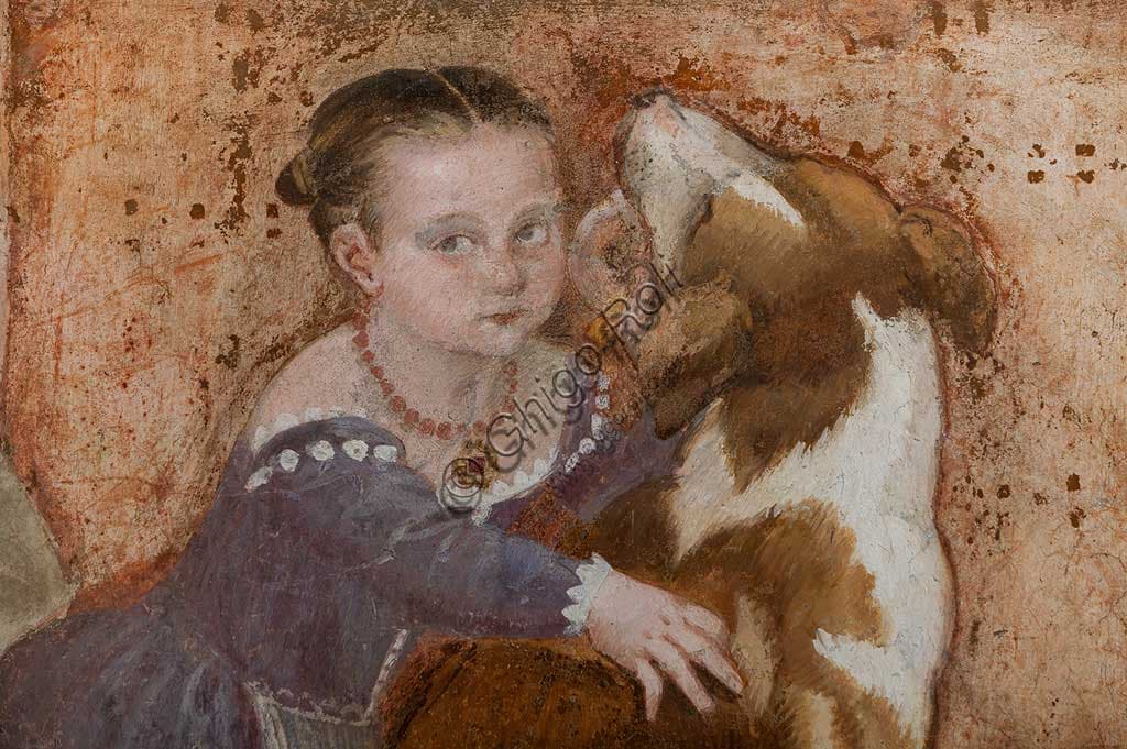 Detail of The Banquet fresco by Giovanni Antonio Fasolo with female child and dog at Villa Caldogno