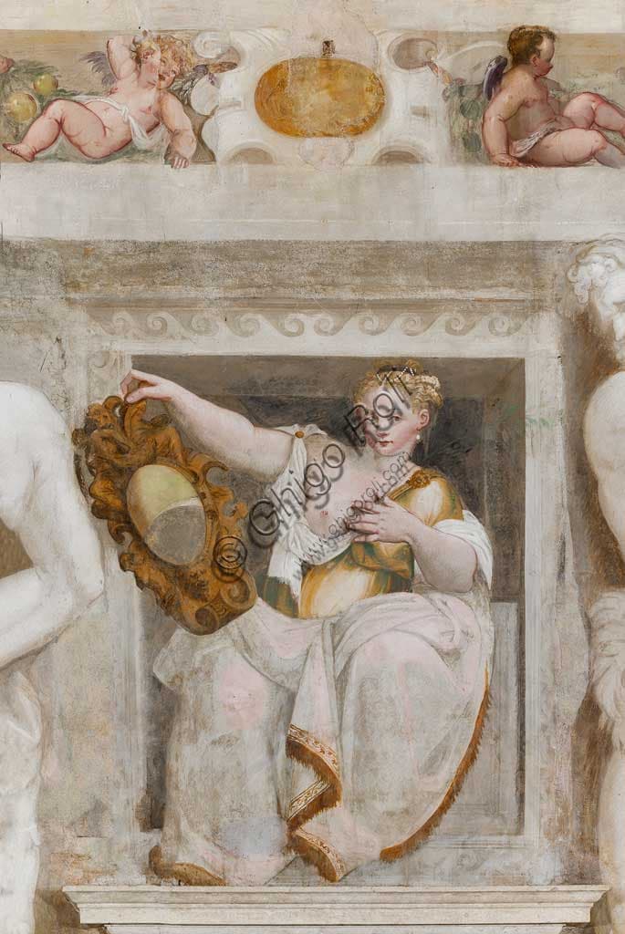Detail of a fresco by Giovanni Antonio Fasolo - Woman holding a mirror at Villa Caldogno (ca. 1570), Vicenza.