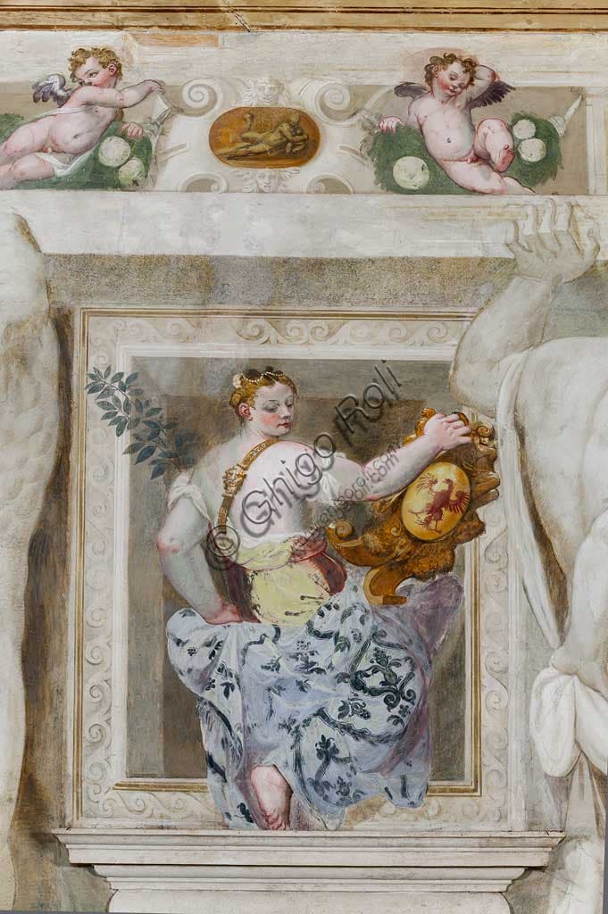 Detail of Giovanni Antonio Fasolo fresco: female figure holding Caldogno family heraldic coat of arms, Villa Caldogno
