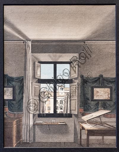Acquerello Lo studio del pittore a Parma di Giovanni Battista De Gubernatis del 1812, inchiostro di china