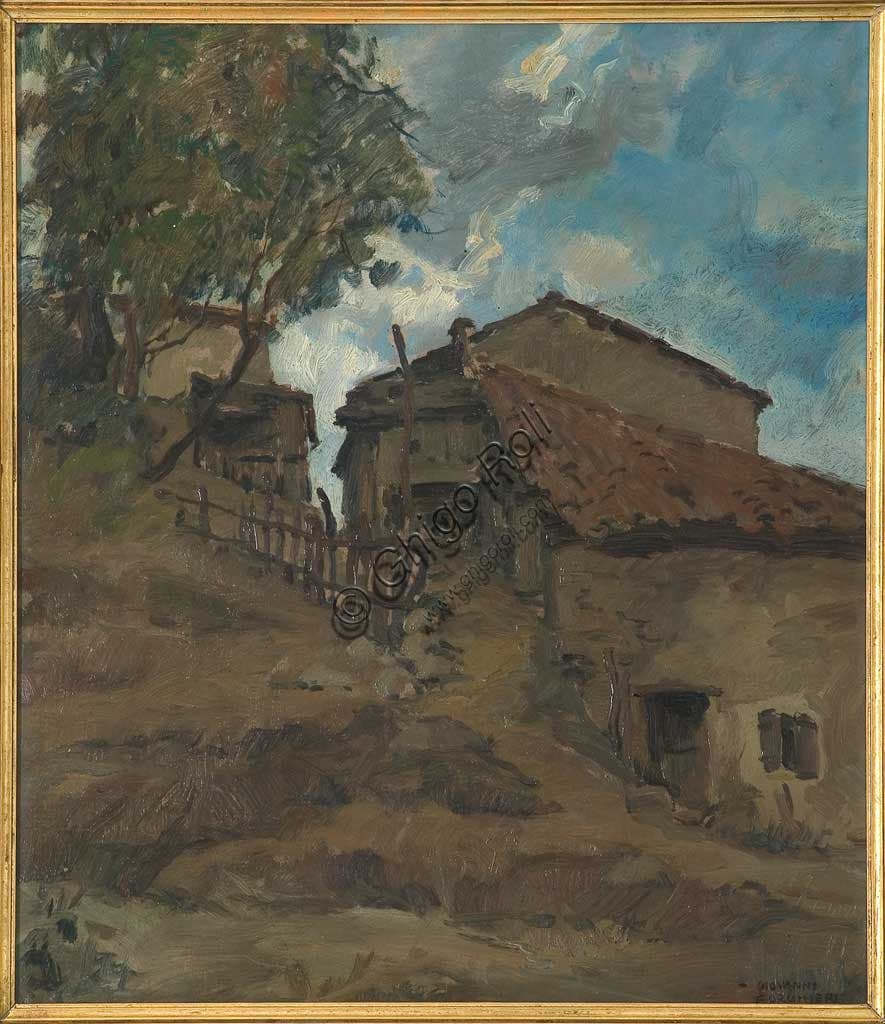 Painting Mountain Traditional Housefarm by Giovanni Forghieri, oil on plywood, Assicoop - Unipol Collection