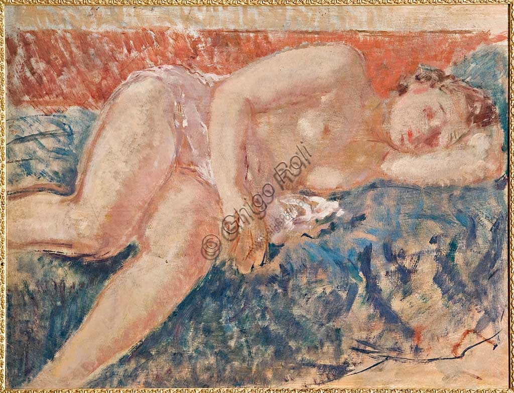 Nudo femminile sdraiato, dipinto olio su cartone di Giovanni Forghieri, Collezione Assicoop Unipol Modena