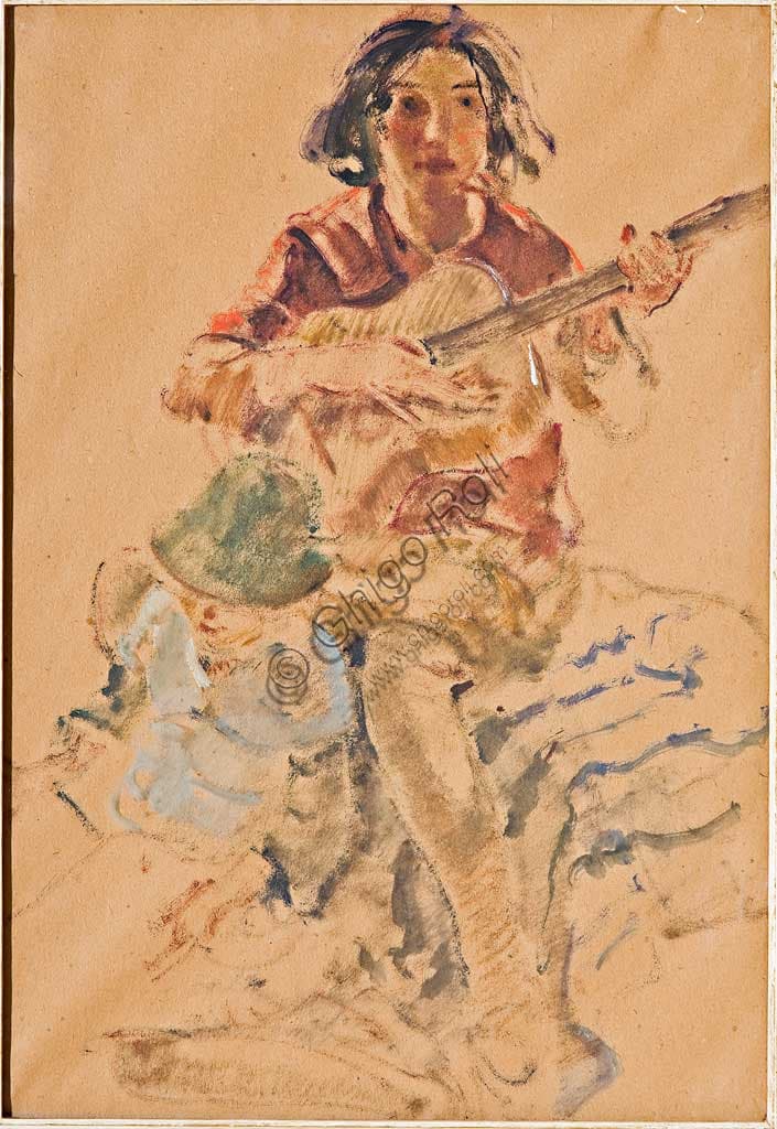Giovanni Forghieri Ragazza con chitarra arte moderna italiana tecnica mista su carta