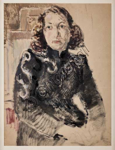 Girl in Black painting by Giovanni Forghieri, oil on paper, figure artwork