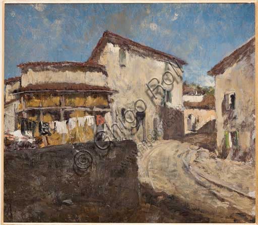 Painting Countryside Road and Houses by Giovanni Forghieri, rural landscape with houses, Italian modern art