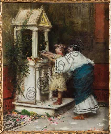 Oil painting Mother and Daughter in front of a Small Temple by Italian artist Giovanni Muzzioli