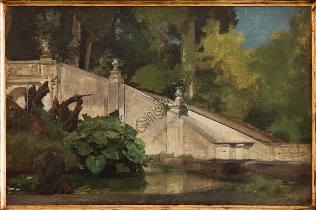 Painting Flight of Steps with Pond by Italian painter Giovanni Muzzioli, oil on canvas landscape