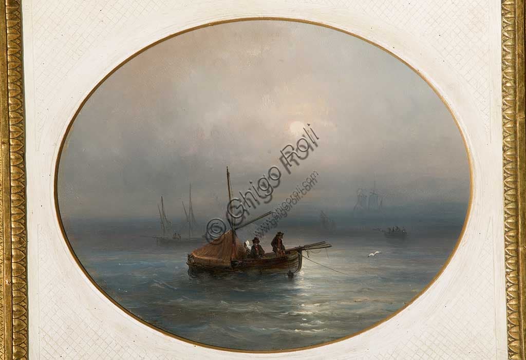 Marina with boats painting, oil on cardboard by Giovanni Susani, Assicoop Unipol Collection