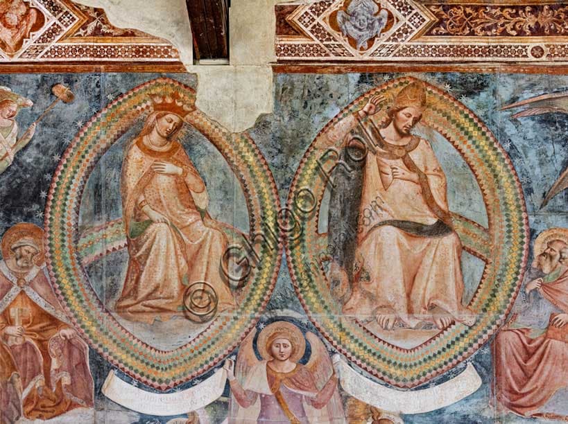 Detail of The Last Judgement fresco by Buonamico Buffalmacco with Christ and the Virgin in adjacent mandorle, Monumental Cemetery of Pisa