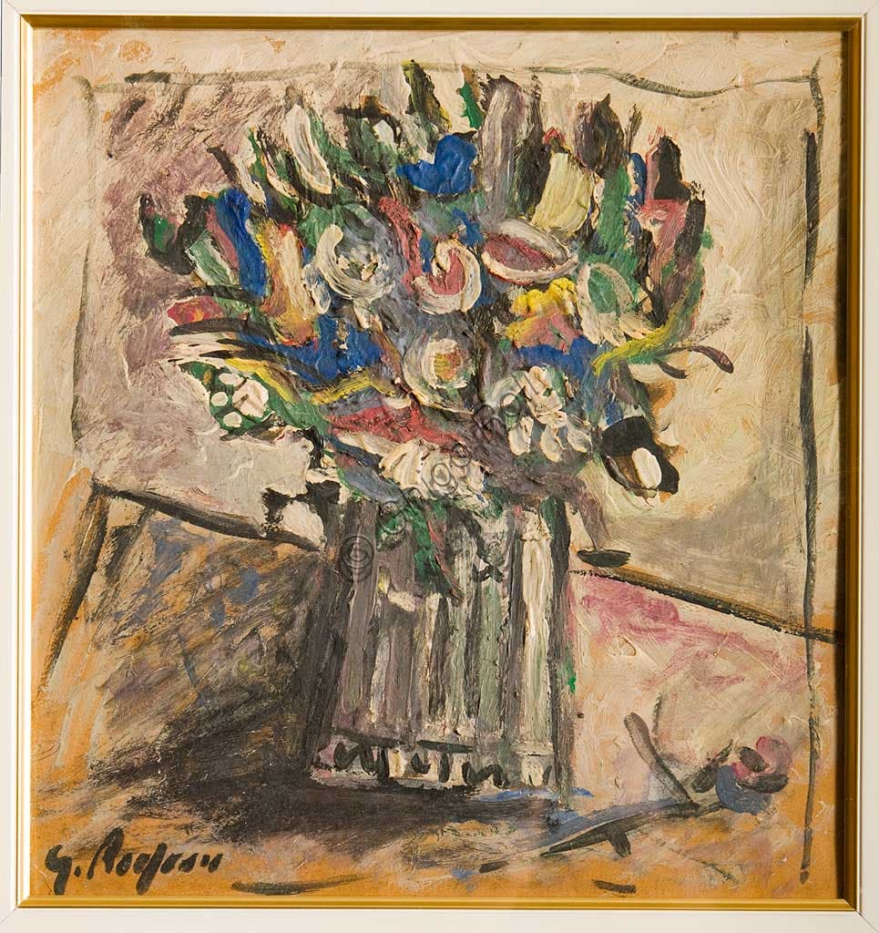 Dipinto a olio 'Vaso di Fiori' di Giulio Rasponi, natura morta con vaso anfora su compensato.