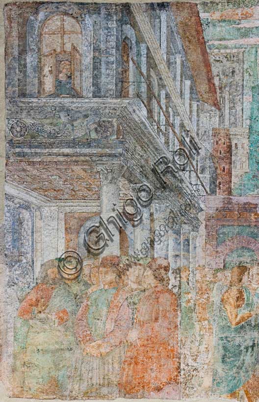 Dettaglio dell'affresco di Benozzo Gozzoli con donna alla finestra e gruppo di uomini, Camposanto Monumentale Pisa