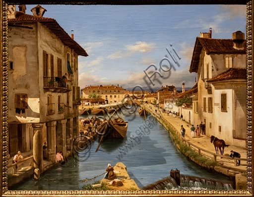 Dipinto Veduta del canale Naviglio dal ponte di S. Marco a Milano, olio su tela di Giuseppe Canella, 1850 circa