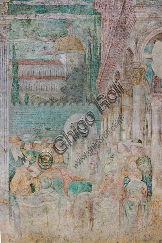 Dettaglio dell'affresco Giuseppe alla corte del faraone di Benozzo Gozzoli, Camposanto monumentale Pisa, particolare con persone ed edifici