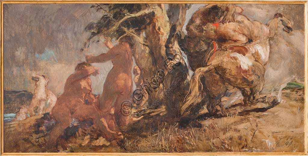 The Bathers and a Centaur painting by Giuseppe Graziosi, oil on plywood, Italian modern art