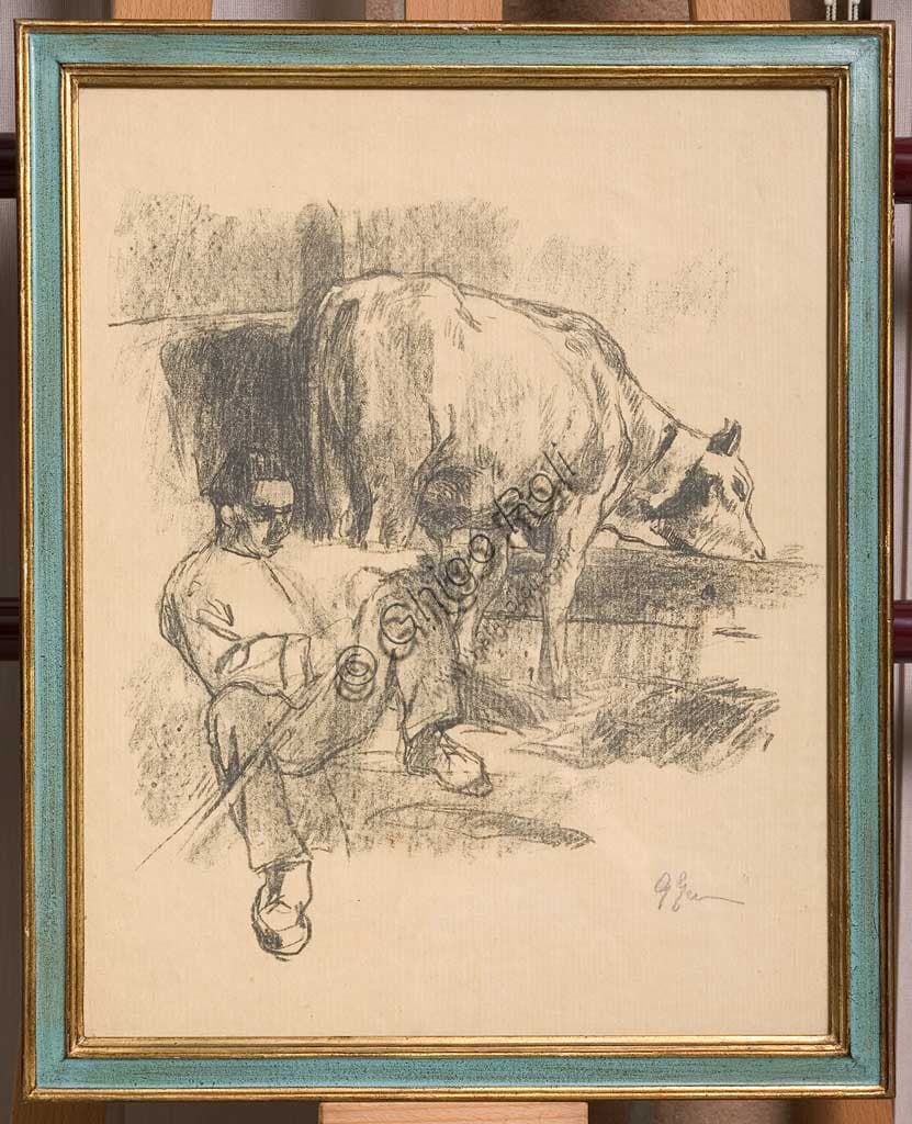 Art lithograph 'Peasant sitting and a Cow at the manger' by Giuseppe Graziosi, print on paper