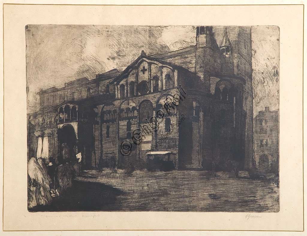 Etching and aquatint of Modena Duomo by Giuseppe Graziosi, Italian art