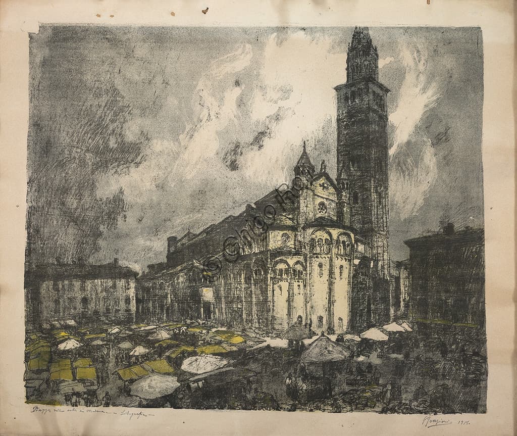 Watercoloured lithograph of Modena Cathedral by Giuseppe Graziosi, Assicoop-Unipol Collection