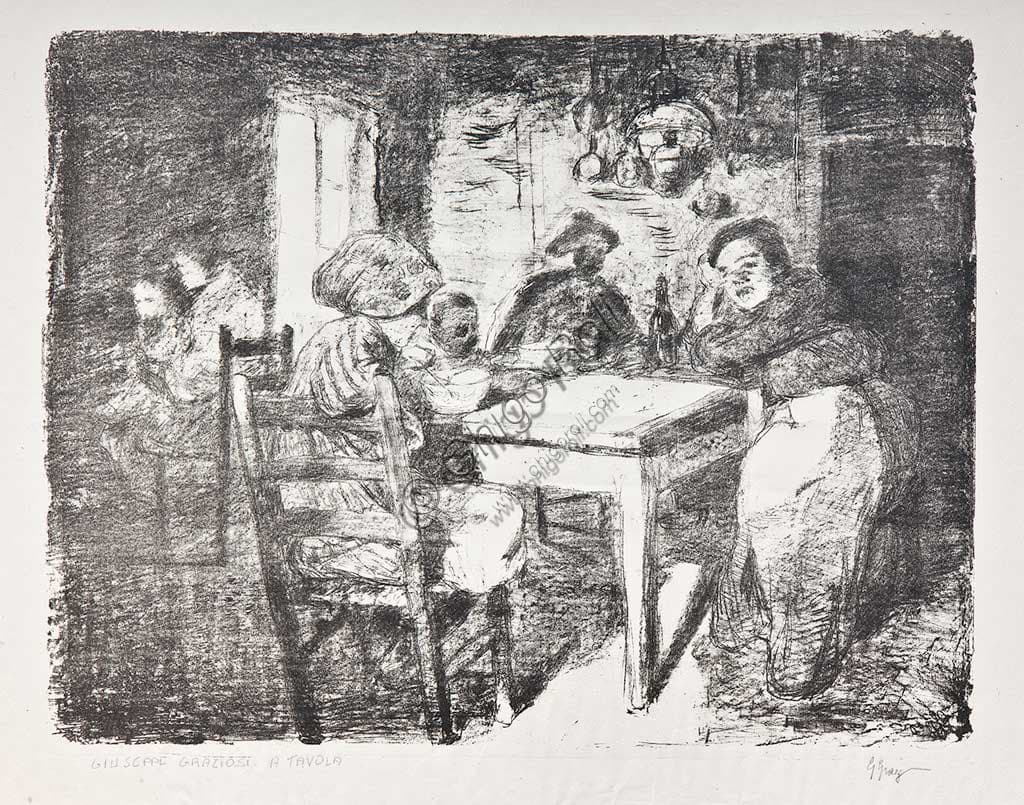 Lithograph artwork 'A Family in the Kitchen' by Italian artist Giuseppe Graziosi