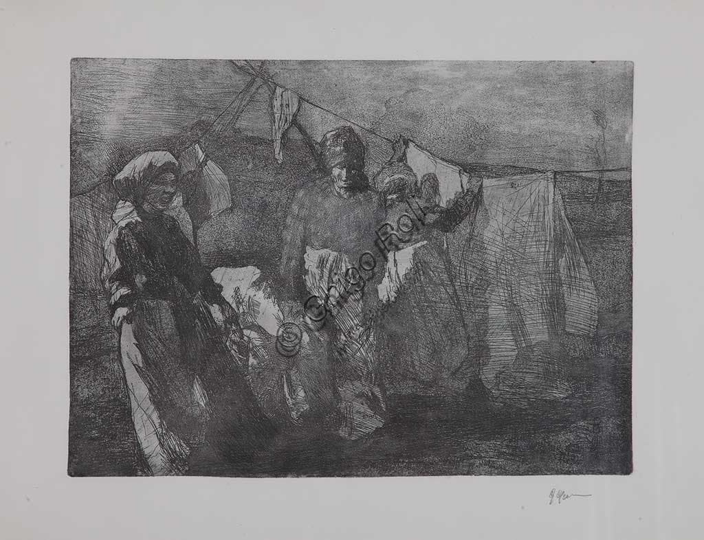 Etching and aquatint Washerwomen by Giuseppe Graziosi, Assicoop-Unipol Collection