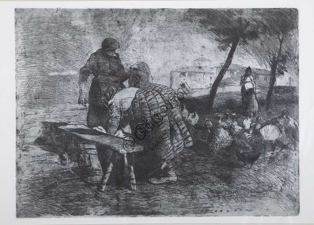 Art print 'Washerwomen in the Farmyard' by Giuseppe Graziosi, etching and aquatint technique