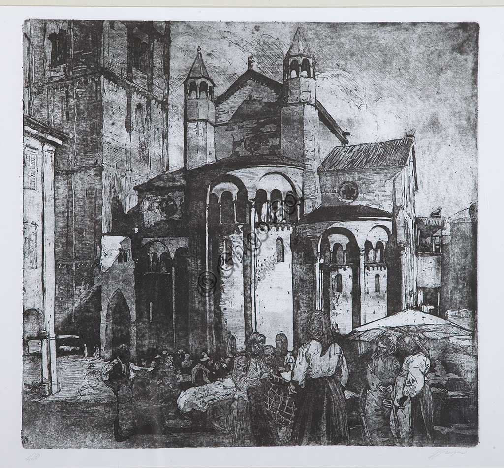 Market in Piazza Grande, etching and aquatint on paper by Giuseppe Graziosi