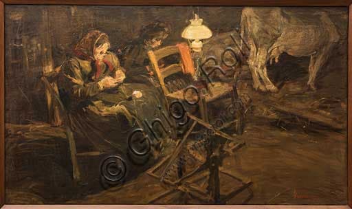 Painting In the Cowshed (1905) by Giuseppe Graziosi, oil on canvas depicting a cowshed scene