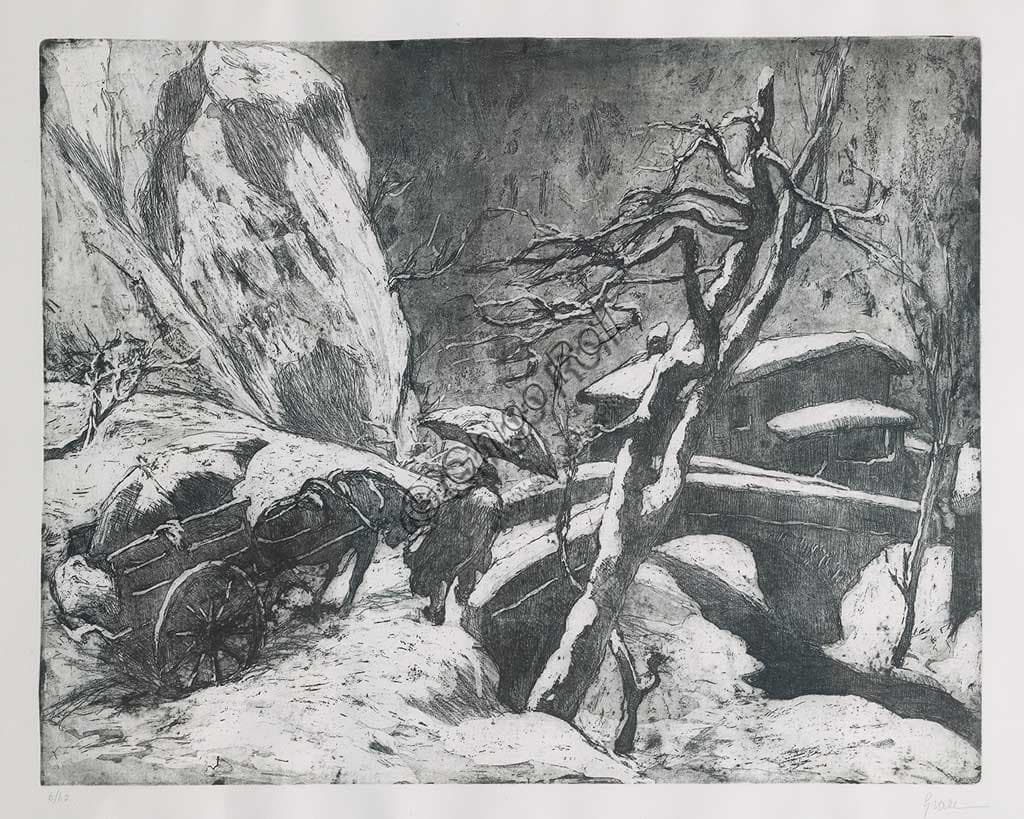 Snowfall in the Mountains etching aquatint Giuseppe Graziosi Assicoop Unipol Collection artwork