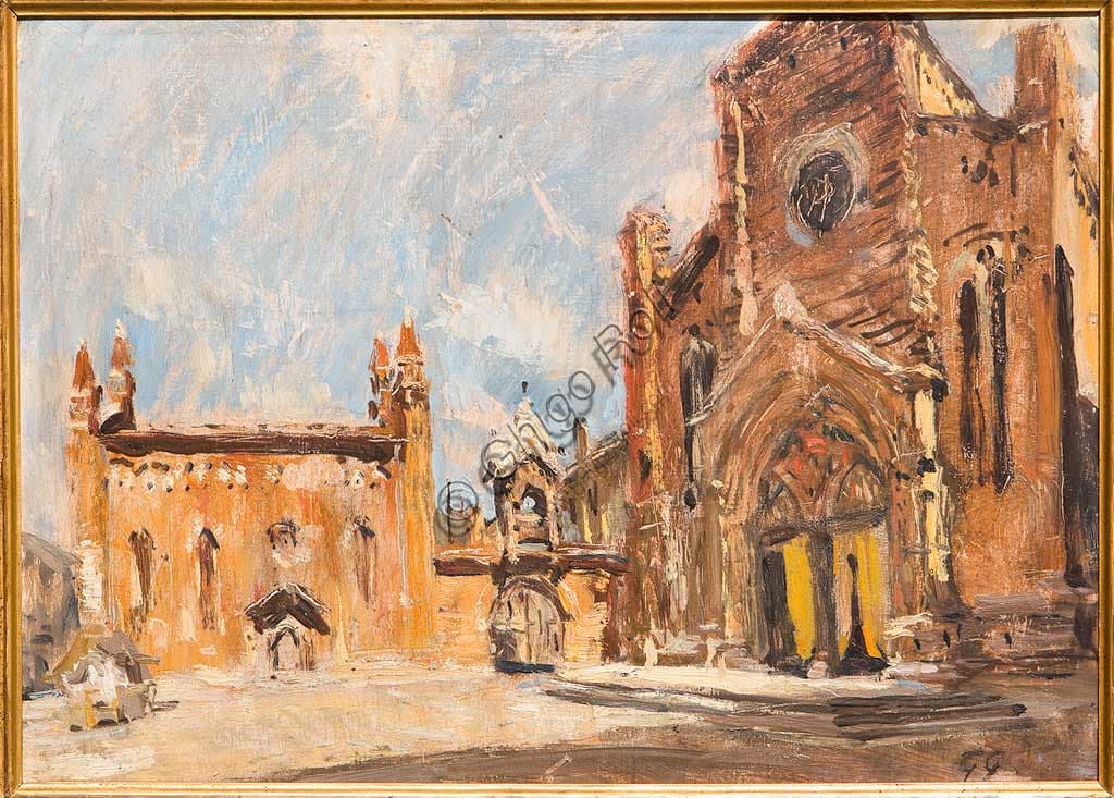 Giuseppe Graziosi Square in Verona painting, oil on plywood, Assicoop-Unipol Collection
