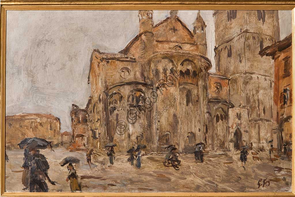 Painting Piazza Grande in the Rain by Giuseppe Graziosi, modern art, Assicoop Unipol Collection