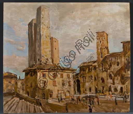 San Gimignano painting by Giuseppe Graziosi, oil on plywood, Assicoop Unipol Collection Italy