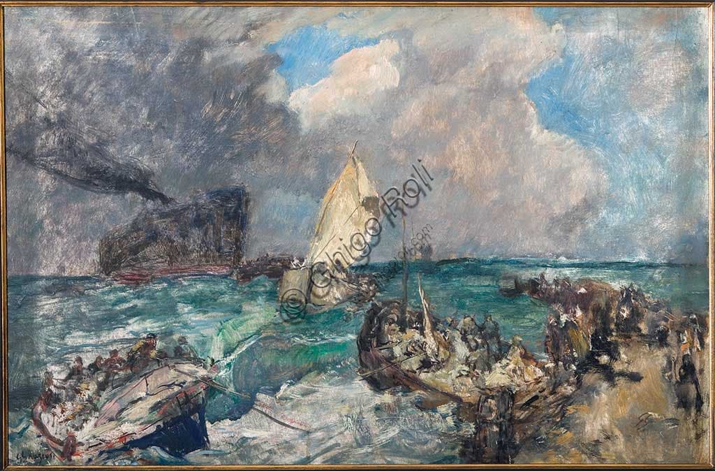 Landing of the Serbian Army, oil on plywood painting by Giuseppe Graziosi