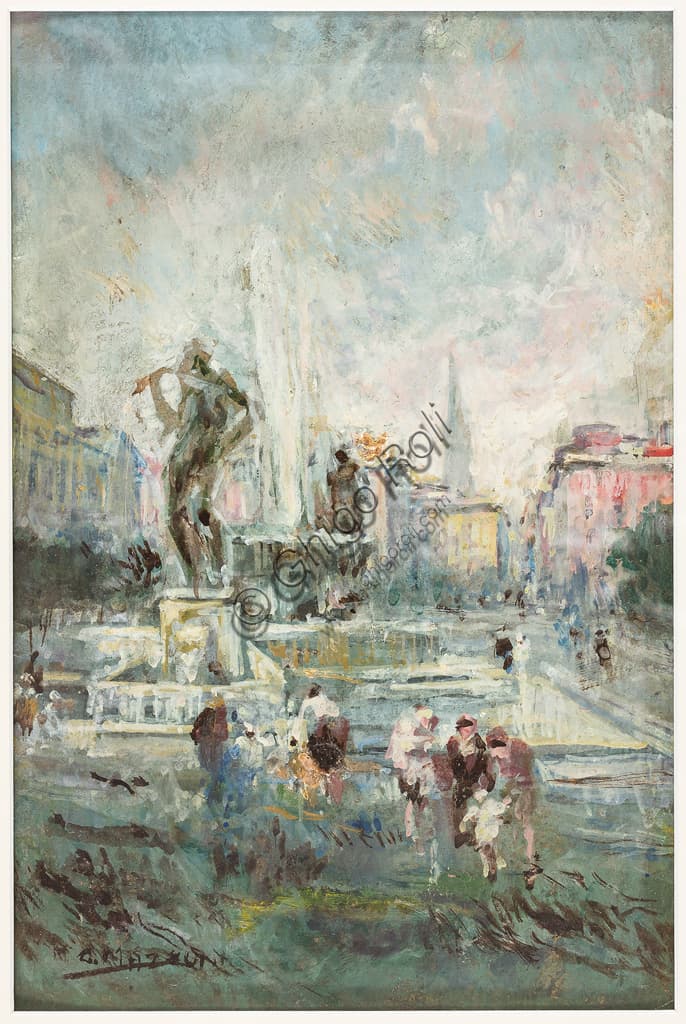 Painting Largo Garibaldi Modena by Giuseppe Mazzoni, oil on pasteboard 30x20 cm