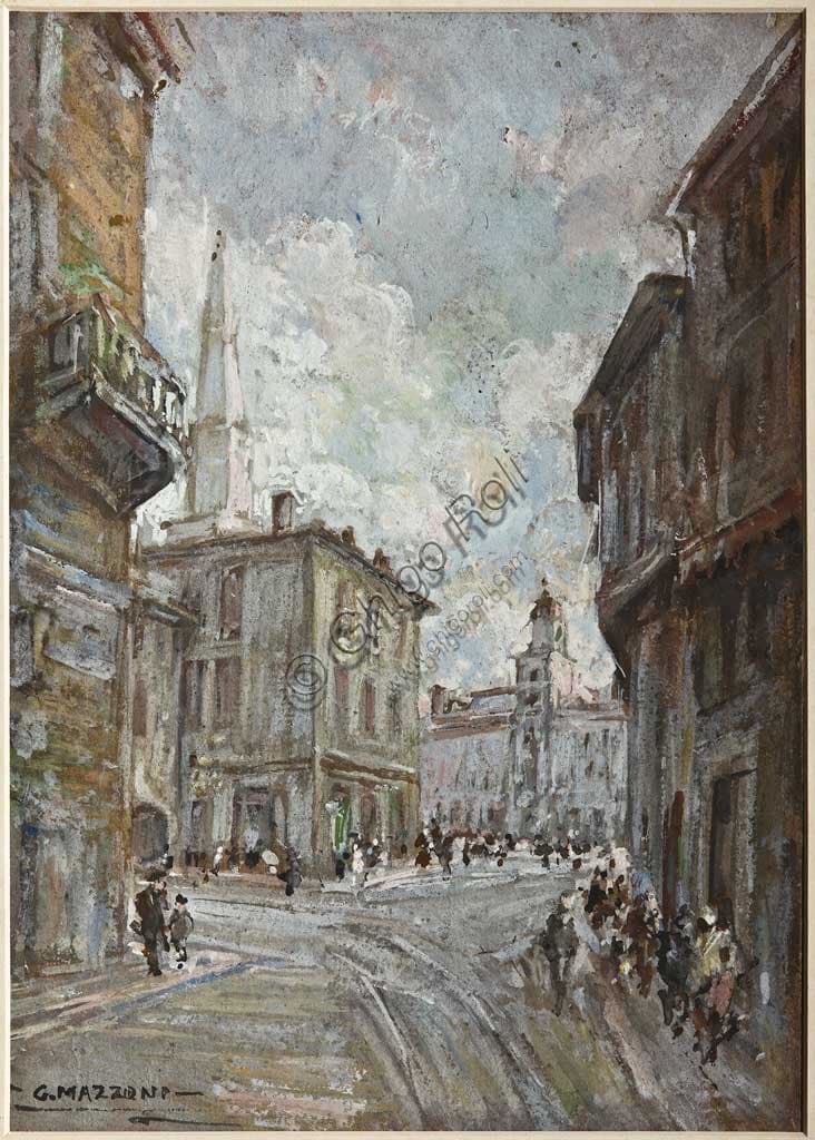 Paesaggio urbano di Modena, Via del Duomo, pastello su cartone di Giuseppe Mazzoni