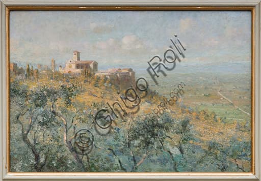 Dipinto Basilica di San Francesco ad Assisi, opera di Giuseppe Mentessi, olio su tavola Collezione Assicoop-Unipol