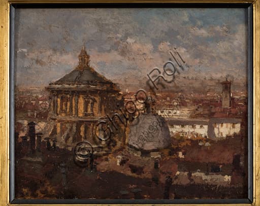 Dipinto olio su tavola Cupole di San Sebastiano a Milano di Giuseppe Mentessi